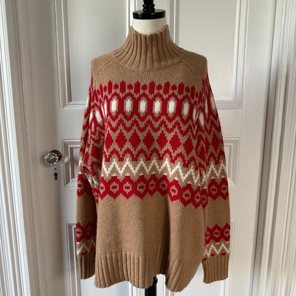 NWT Vineyard Vines Women’s Merino Blend Sweater XL Camel Red Fair Isle Mock Neck - Picture 1 of 11
